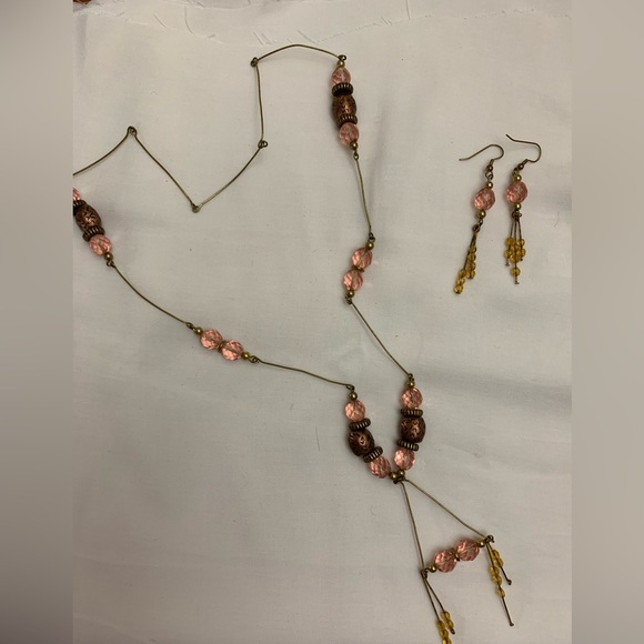 Jewelry - Handmade Healing Art Copper and Pink Crystal Bead Necklace & Drop Earrings Boho